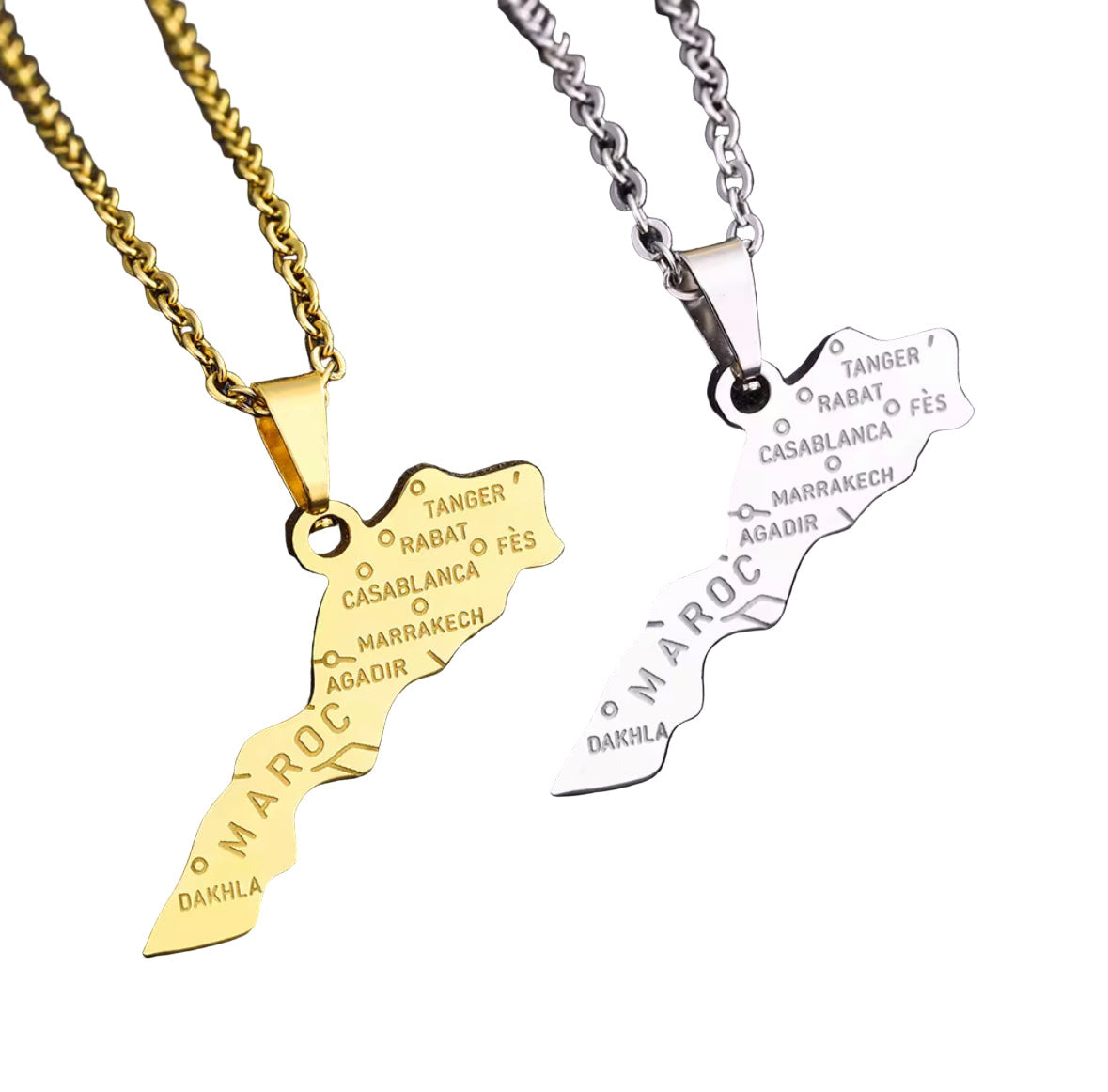 Collier Pendentif Carte du Maroc Acier Inoxydable Signature couleur Or/Argent