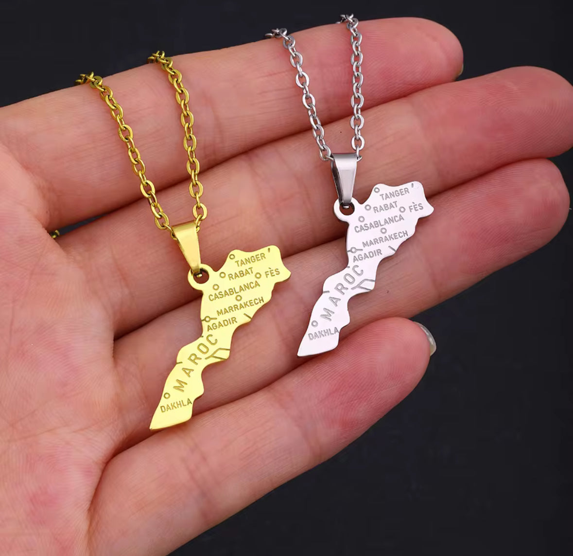Collier Pendentif Carte du Maroc Acier Inoxydable Signature couleur Or/Argent