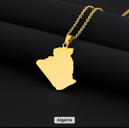 Collier Pendentif Carte d’Algérie Signature, couleur Or Inoxydable